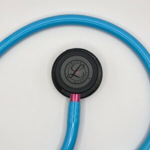 MIS-ENGRAVED 5872 3M Littmann Classic III Monitoring Stethoscope, Turquoise and Smoke w/Pink Stem (27″), 5872-MIS1