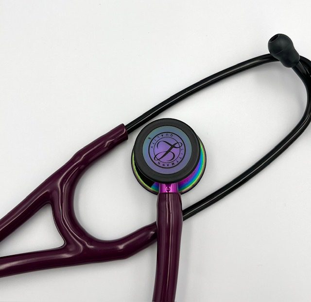 MIS-ENGRAVED 6205 3M Littmann Cardiology IV Diagnostic Stethoscope, Plum and Rainbow-Finish w/Violet Stem (27″), 6205-MIS2