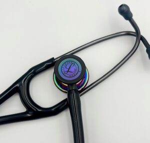 Mis-Engraved 6240 3M Littmann Cardiology IV Diagnostic Stethoscope, Black and High-polish rainbow w/ Black Stem (27″), 6240-MIS2