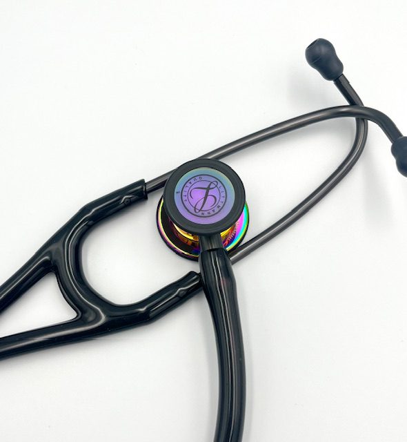 MIS-ENGRAVED 6240 3M Littmann Cardiology IV Diagnostic Stethoscope, Black and High-polish rainbow w/ Black Stem (27″), 6240-MIS1