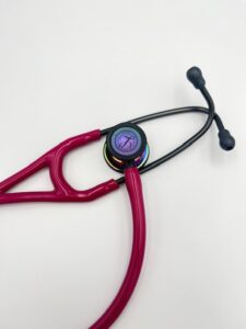 MIS-ENGRAVED 6241 3M Littmann Cardiology IV Diagnostic Stethoscope, Raspberry and High-Polish Rainbow w/ Smoke Stem (27″), 6241-MIS1