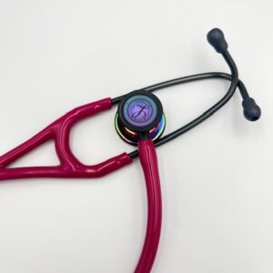 MIS-ENGRAVED 6241 3M Littmann Cardiology IV Diagnostic Stethoscope, Raspberry and High-Polish Rainbow w/ Smoke Stem (27″), 6241-MIS1