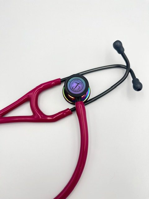 MIS-ENGRAVED 6241 3M Littmann Cardiology IV Diagnostic Stethoscope, Raspberry and High-Polish Rainbow w/ Smoke Stem (27″), 6241-MIS1
