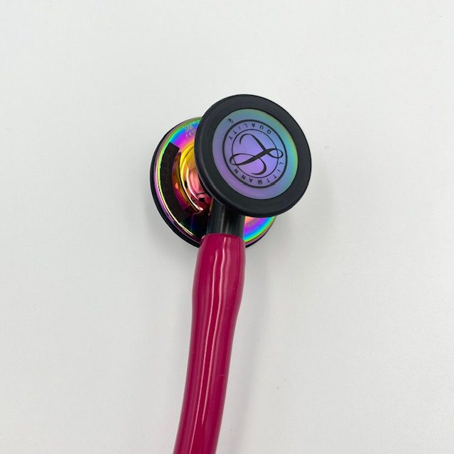 MIS-ENGRAVED 6241 3M Littmann Cardiology IV Diagnostic Stethoscope, Raspberry and High-Polish Rainbow w/ Smoke Stem (27″), 6241-MIS1 - Image 2