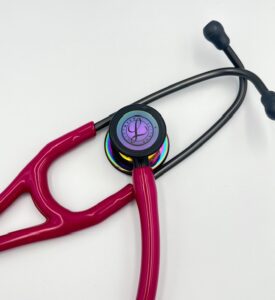 MIS-ENGRAVED 6241 3M Littmann Cardiology IV Diagnostic Stethoscope, Raspberry and High-Polish Rainbow w/ Smoke Stem (27″), 6241-MIS2