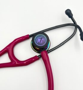 MIS-ENGRAVED 6241 3M Littmann Cardiology IV Diagnostic Stethoscope, Raspberry and High-Polish Rainbow w/ Smoke Stem (27″), 6241-MIS3