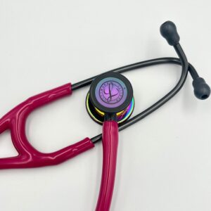MIS-ENGRAVED 6241 3M Littmann Cardiology IV Diagnostic Stethoscope, Raspberry and High-Polish Rainbow w/ Smoke Stem (27″), 6241-MIS4
